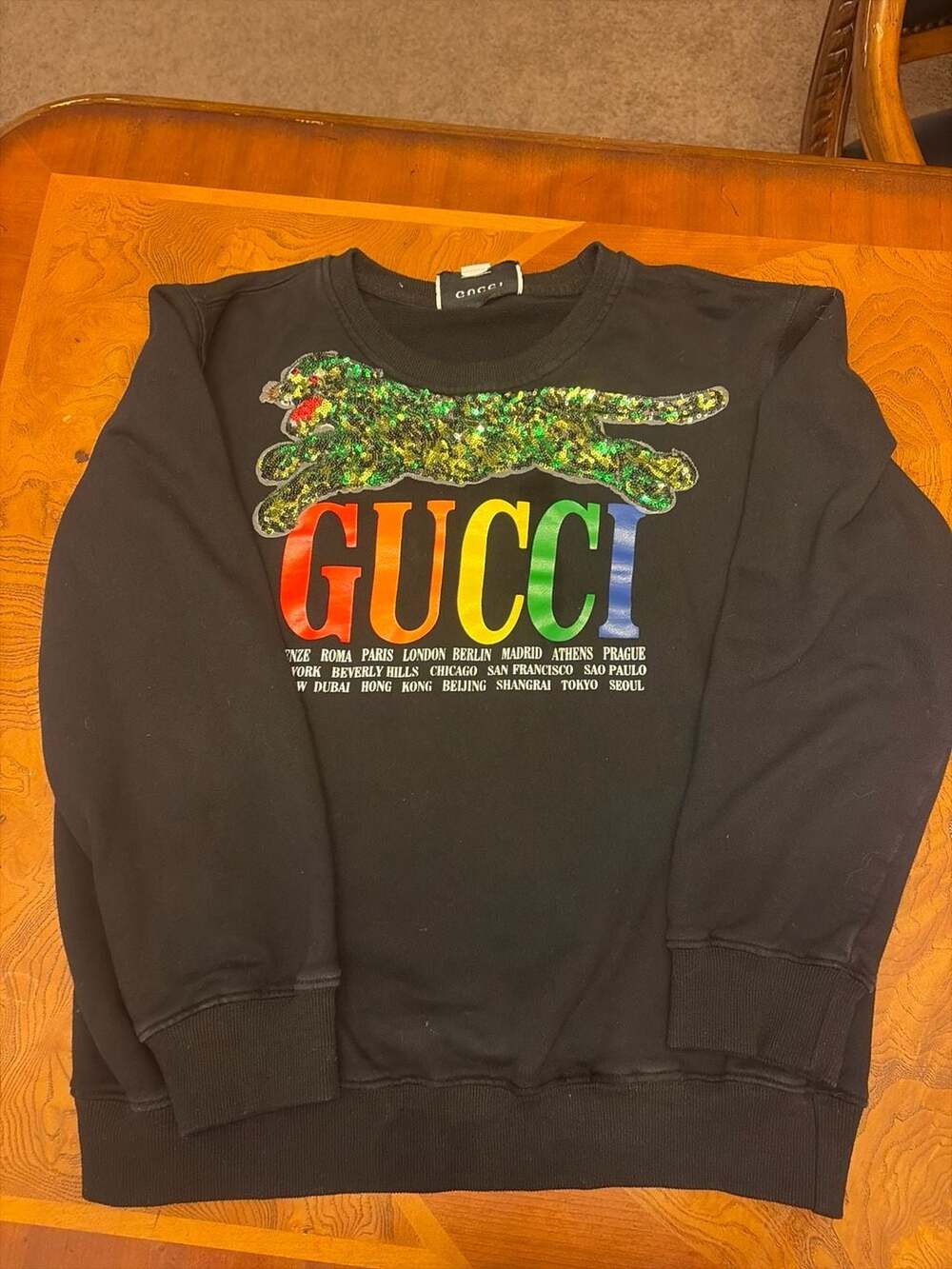 Gucci Black Sequin Panther Rainbow Logo Cities Sweatshirt